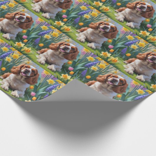 Cocker Spaniel Hund Frühlingsblumen Malerei Geschenkpapier (Ecke)