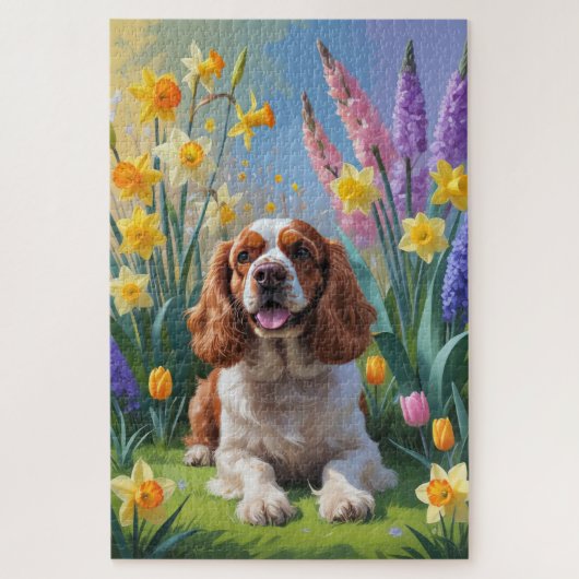 Cocker Spaniel Hund Frühlingsblumen Malerei Puzzle (Vertikal)