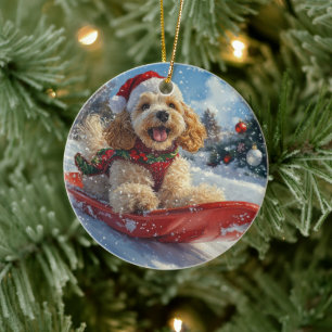Cocker Spaniel Hund im Schlitten Lass es schneien  Keramik Ornament