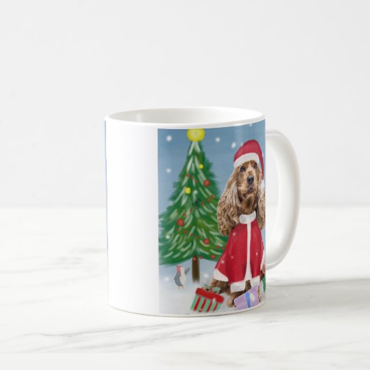 Cocker Spaniel Hund im Schnee mit Weihnachtsgesche Kaffeetasse (VorderseiteRechts)