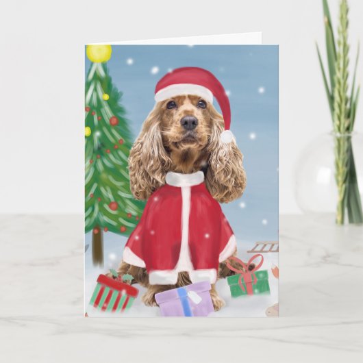 Cocker Spaniel Hund im Schnee mit Weihnachtsgesche Karte (Vorderseite)