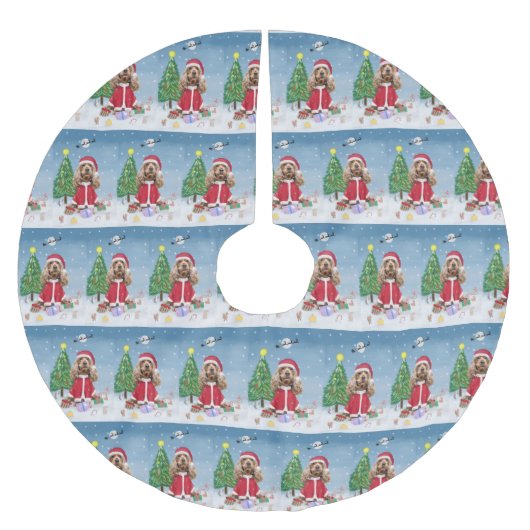 Cocker Spaniel Hund im Schnee mit Weihnachtsgesche Polyester Weihnachtsbaumdecke (Vorderseite)