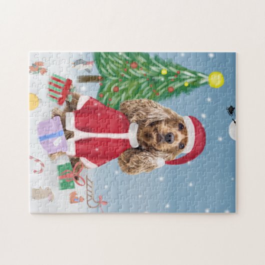 Cocker Spaniel Hund im Schnee mit Weihnachtsgesche Puzzle (Horizontal)