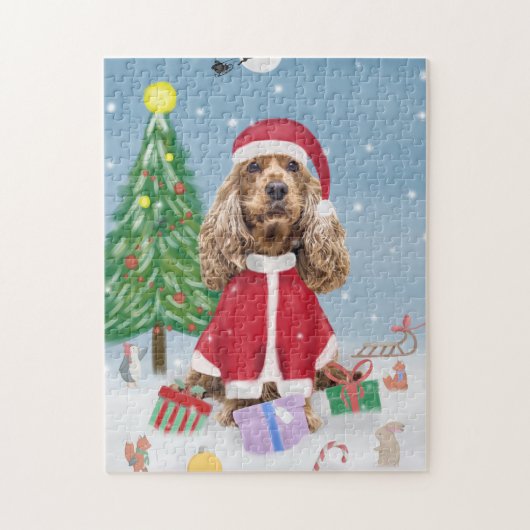 Cocker Spaniel Hund im Schnee mit Weihnachtsgesche Puzzle (Vertikal)
