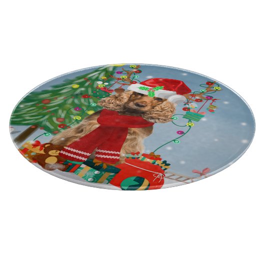 Cocker Spaniel Hund im Schnee mit Weihnachtsgesche Schneidebrett (Ecke)