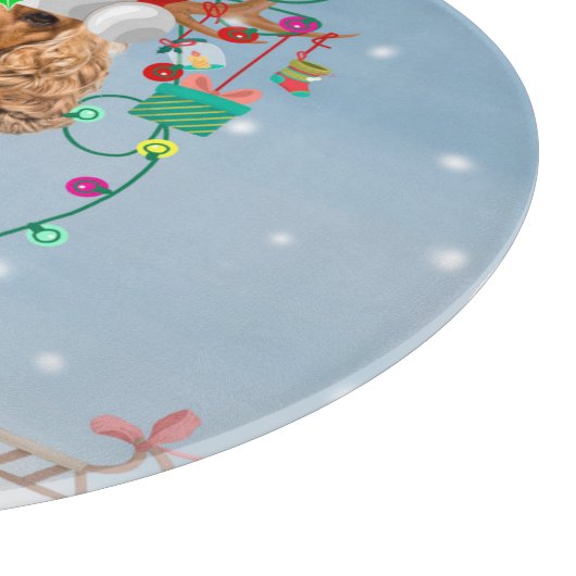 Cocker Spaniel Hund im Schnee mit Weihnachtsgesche Schneidebrett (Ecke)