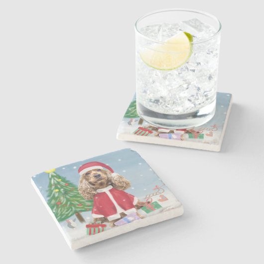 Cocker Spaniel Hund im Schnee mit Weihnachtsgesche Steinuntersetzer (Seitenansicht)