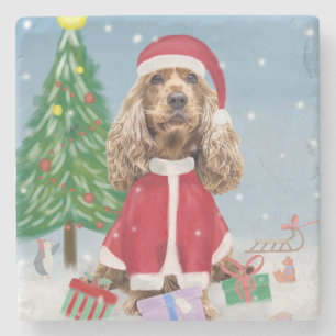 Cocker Spaniel Hund im Schnee mit Weihnachtsgesche Steinuntersetzer