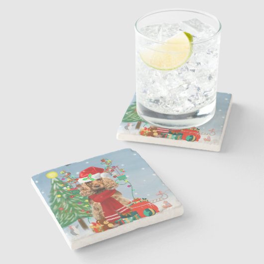 Cocker Spaniel Hund im Schnee mit Weihnachtsgesche Steinuntersetzer (Seitenansicht)