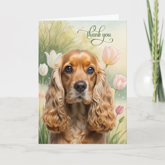 Cocker Spaniel Hund im Tulipengarten Dankeskarte (Vorderseite)