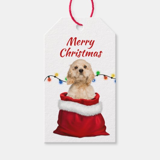 Cocker Spaniel Hund in Santa Bag Geschenkanhänger (Vorderseite)