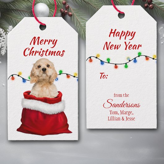 Cocker Spaniel Hund in Santa Bag Geschenkanhänger