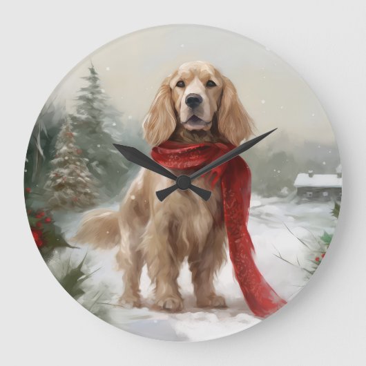 Cocker Spaniel Hund in Schneehocht Große Wanduhr (Vorderseite)