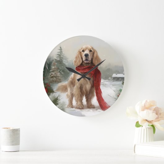 Cocker Spaniel Hund in Schneehocht Große Wanduhr (Zuhause)