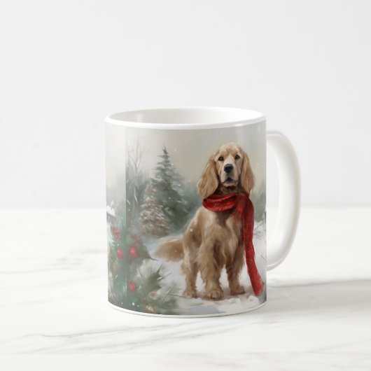 Cocker Spaniel Hund in Schneehocht Kaffeetasse (VorderseiteRechts)