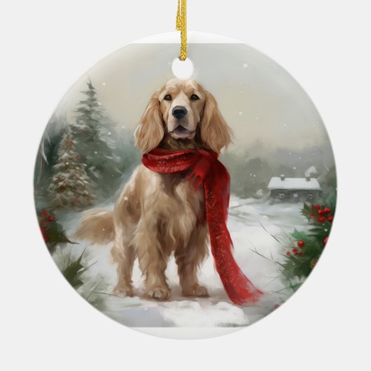 Cocker Spaniel Hund in Schneehocht Keramik Ornament (Hinten)