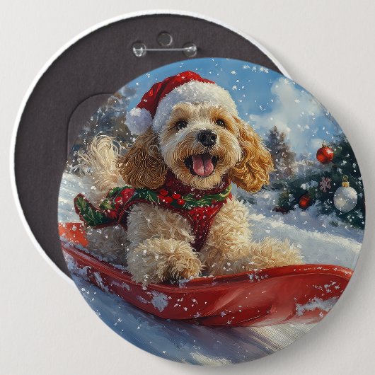 Cocker Spaniel Hund in Sledge Lass es Schnee Weihn Button (Vorne & Hinten)