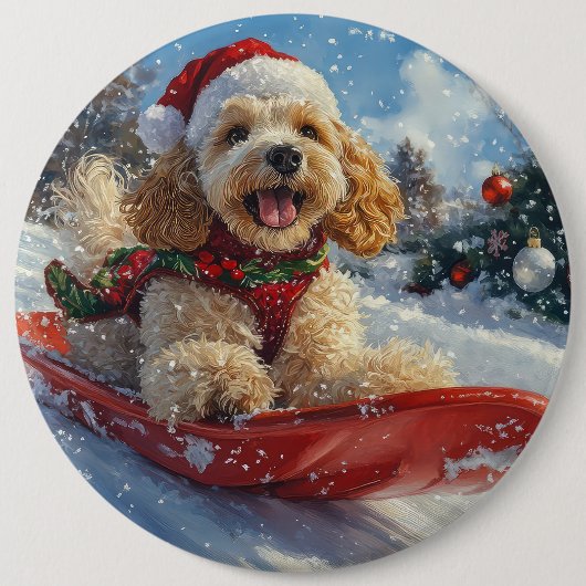 Cocker Spaniel Hund in Sledge Lass es Schnee Weihn Button (Vorderseite)