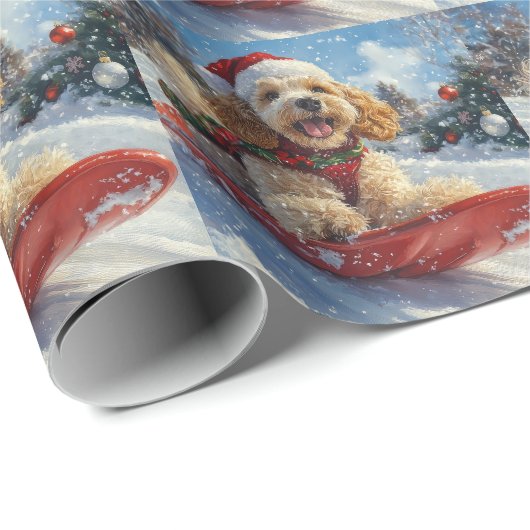 Cocker Spaniel Hund in Sledge Lass es Schnee Weihn Geschenkpapier (Rolleneckpunkt)