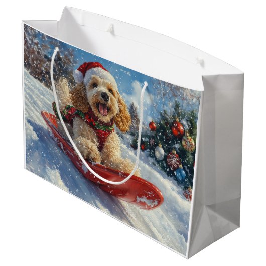 Cocker Spaniel Hund in Sledge Lass es Schnee Weihn Große Geschenktüte (Rückseite Schrägansicht)