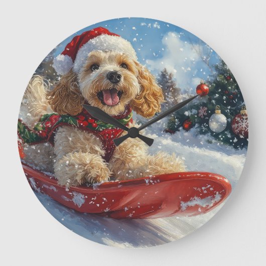 Cocker Spaniel Hund in Sledge Lass es Schnee Weihn Große Wanduhr (Vorderseite)