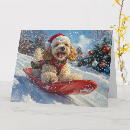 Cocker Spaniel Hund in Sledge Lass es Schnee Weihn Karte (Gelbe Blume)