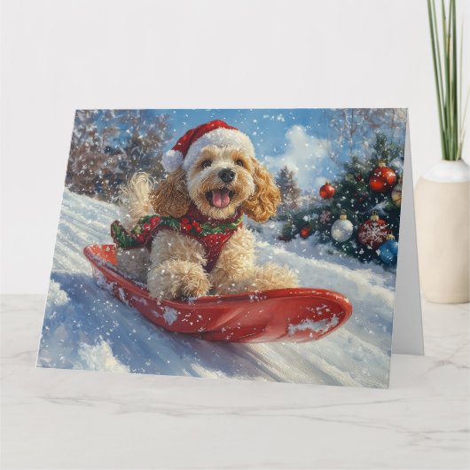 Cocker Spaniel Hund in Sledge Lass es Schnee Weihn Karte (Vorderseite)