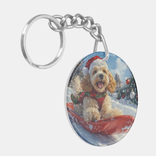 Cocker Spaniel Hund in Sledge Lass es Schnee Weihn Schlüsselanhänger (Vorderseite links)
