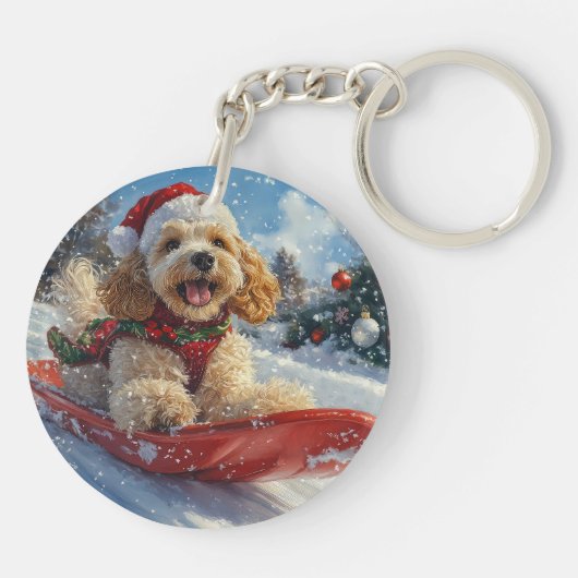 Cocker Spaniel Hund in Sledge Lass es Schnee Weihn Schlüsselanhänger (Rückseite)