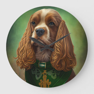 Cocker Spaniel Hund in St. Patrick's Day Dress Große Wanduhr