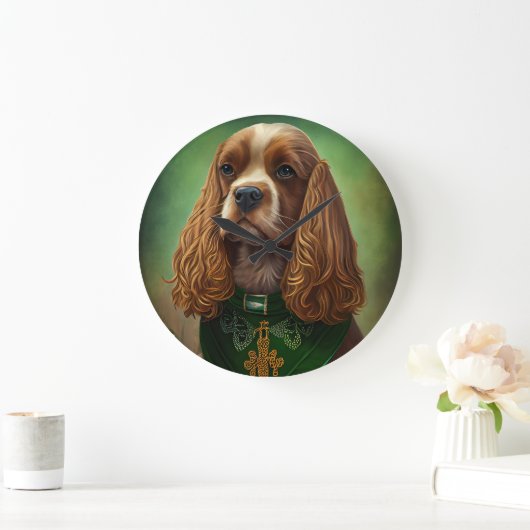 Cocker Spaniel Hund in St. Patrick's Day Dress Große Wanduhr (Zuhause)