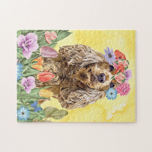 Cocker Spaniel Hund mit Blume Frühjahr Puzzle (Horizontal)
