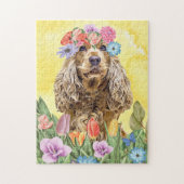 Cocker Spaniel Hund mit Blume Frühjahr Puzzle (Vertikal)