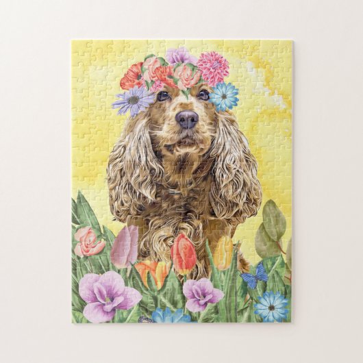 Cocker Spaniel Hund mit Blume Frühjahr Puzzle (Vertikal)
