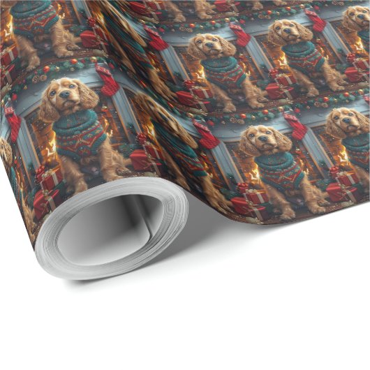 Cocker Spaniel Hund mit Weihnachtsgeschenken Feuer Geschenkpapier (Rolleneckpunkt)