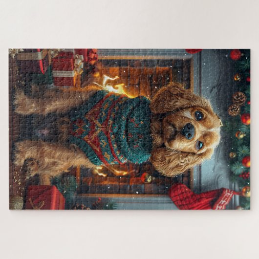 Cocker Spaniel Hund mit Weihnachtsgeschenken Feuer Puzzle (Horizontal)