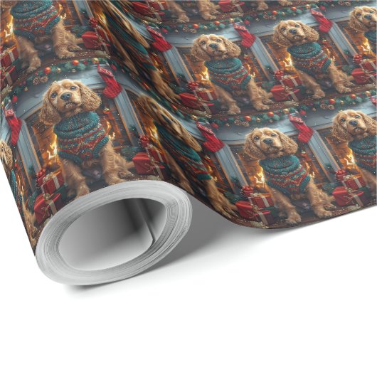 Cocker Spaniel Hund mit Weihnachtsgeschenken Kamin Geschenkpapier (Rolleneckpunkt)