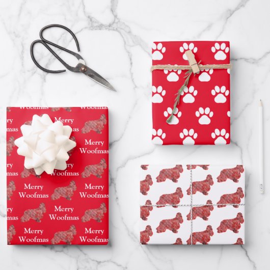 Cocker Spaniel Hund Silhouette Red Merry Woofmas Geschenkpapier Set (Vorderseite)
