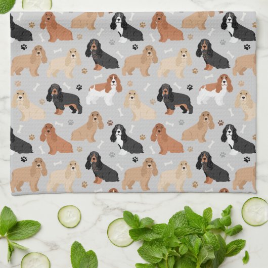 Cocker Spaniel Hunde Knochen und Paws Grau Geschirrtuch (Gefaltet)