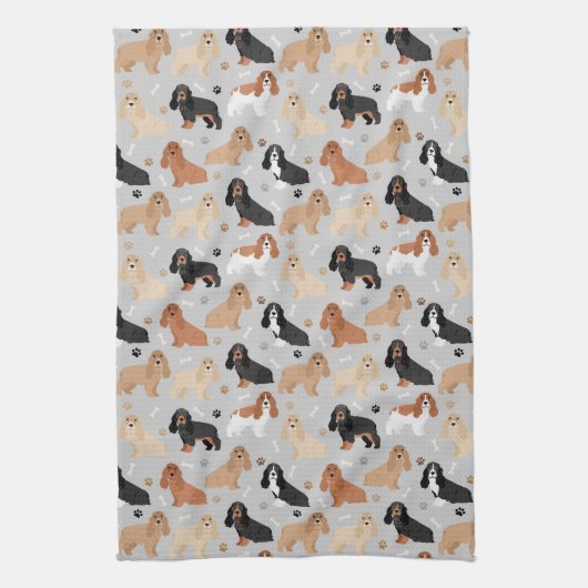 Cocker Spaniel Hunde Knochen und Paws Grau Geschirrtuch (Vertikal)