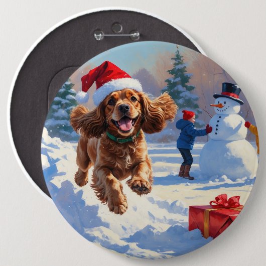 Cocker Spaniel läuft in Schnee mit Weihnachtshut Button (Vorne & Hinten)
