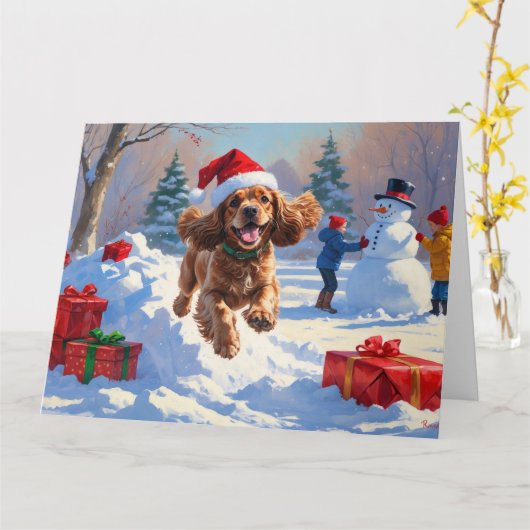 Cocker Spaniel läuft in Schnee mit Weihnachtshut Karte (Gelbe Blume)