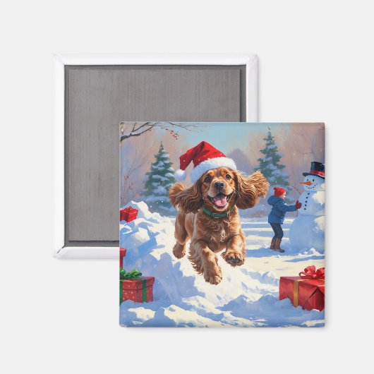 Cocker Spaniel läuft in Schnee mit Weihnachtshut Magnet (Vorderseite/Rückseite)