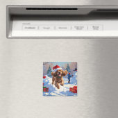 Cocker Spaniel läuft in Schnee mit Weihnachtshut Magnet (In Situ (Geschirrspüler))