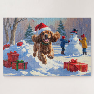 Cocker Spaniel läuft in Schnee mit Weihnachtshut Puzzle