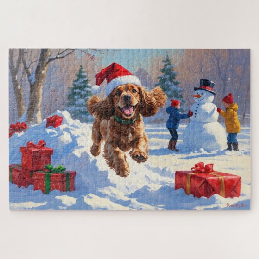 Cocker Spaniel läuft in Schnee mit Weihnachtshut Puzzle (Horizontal)