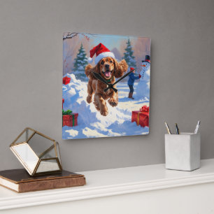 Cocker Spaniel läuft in Schnee mit Weihnachtshut Quadratische Wanduhr