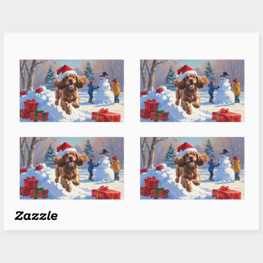 Cocker Spaniel läuft in Schnee mit Weihnachtshut Rechteckiger Aufkleber (Blatt)