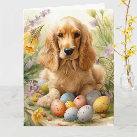 Cocker Spaniel mit Ostereier Urlaub Karte (Gelbe Blume)