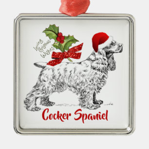 Cocker Spaniel mit Santa-Mütze und Weihnachts-Holl Ornament Aus Metall